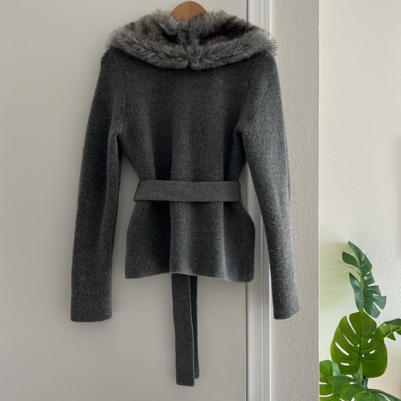 Anthropologie Faux Fur Sweater Cardigan Grey Wool Wrap Belted V Neck Jacket - Picture 4 of 9